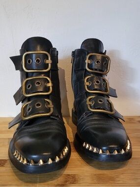 Ras Black Leather Combat Boots with Gold Buckles & Studs